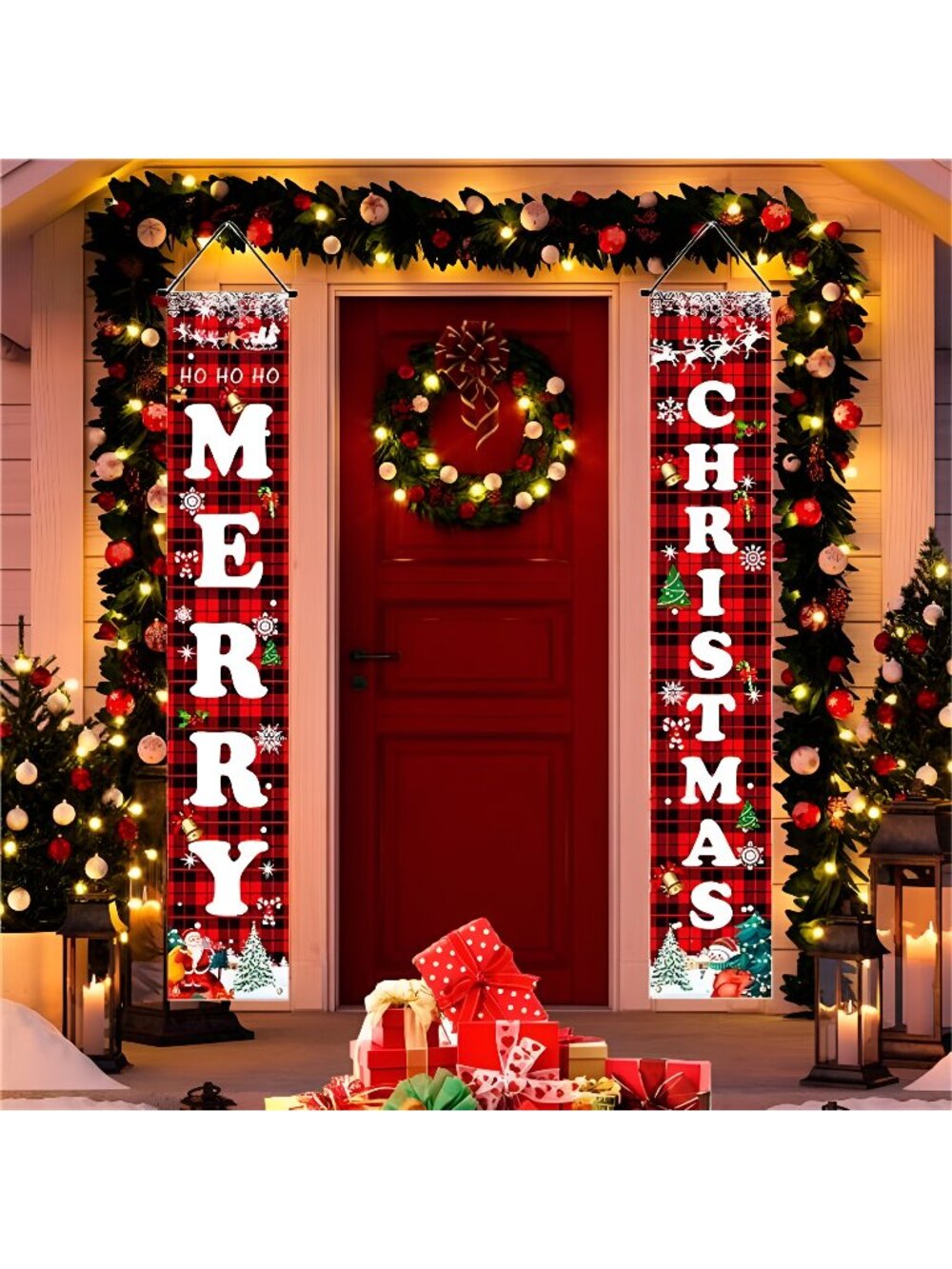Christmas Decorations Red Black Buffalo Plaid Sign Set Christmas Door Banner